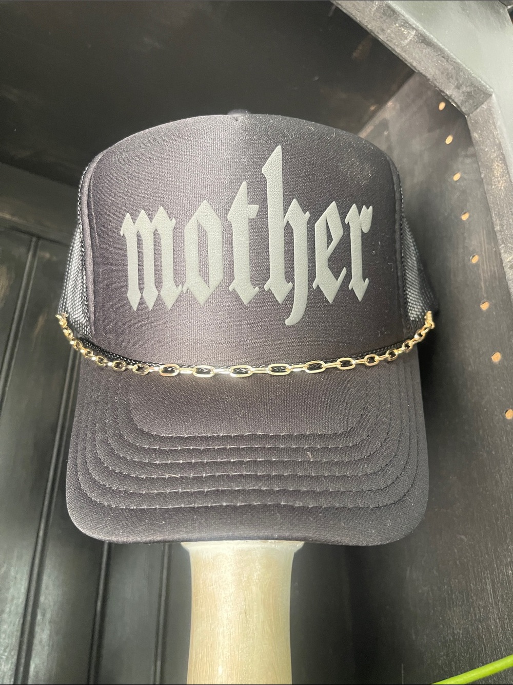 Black 'mother' Trucker Hat with Gold Chain
